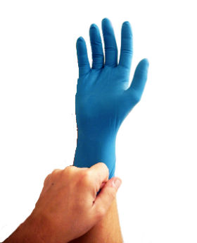 picture of hand wearing light blue glove