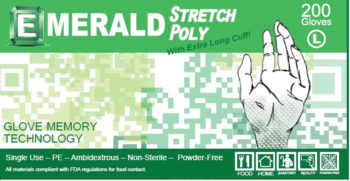 picture of box of Emerald stretch poly gloves