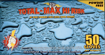 picture of box of Total-Max Hi Risk powder-free latex exam gloves