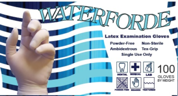 picture of box of Waterforde powder-free latex exam gloves